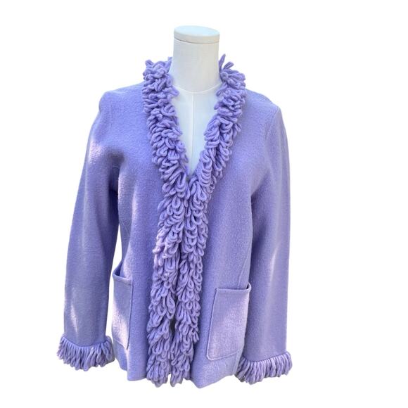 NOUVEAUX Women’s Jacket Sweater Lavender 100% Worsted Wool Fringe Pockets Sz M - Picture 1 of 4